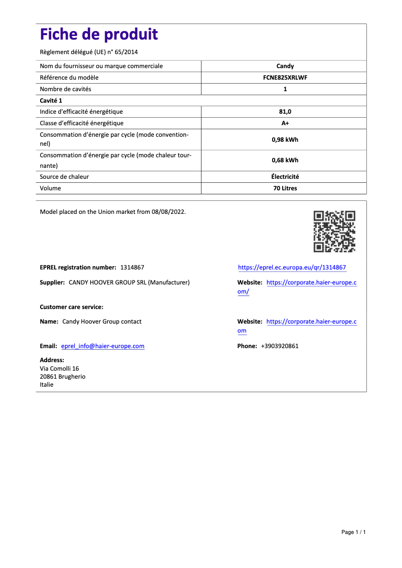 Page 1 of the manual User Manual Candy FCNE825XRLWF