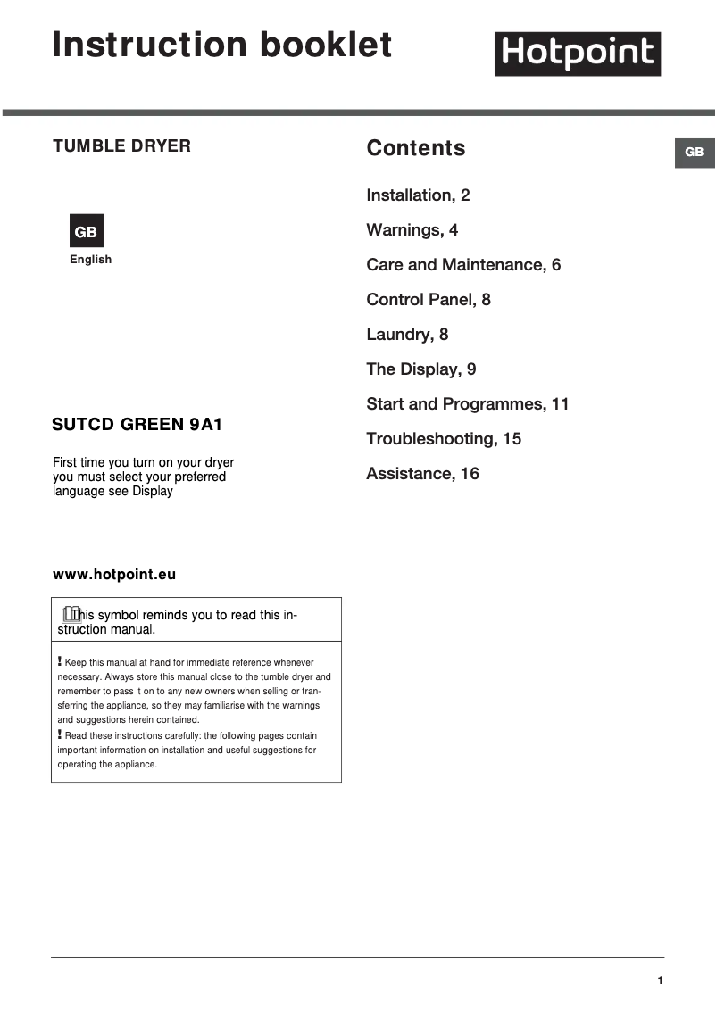 Page 1 of the manual User Manual Hotpoint SUTCD GREEN 9A1 (UK)