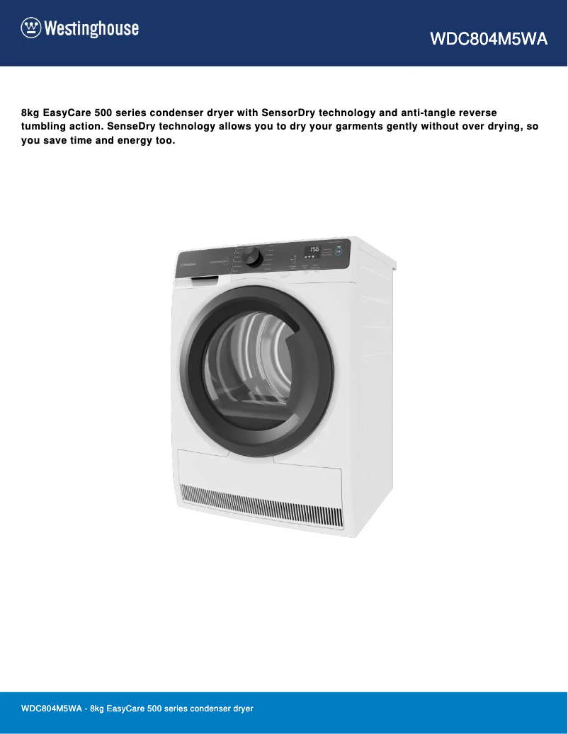 Page 1 de la notice Fiche technique Westinghouse WDC804M5WA