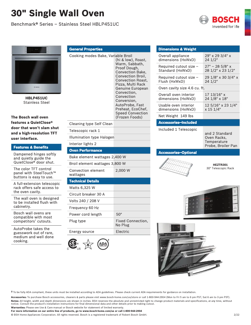 Page 1 of the manual Technical Sheet Bosch HBLP451UC
