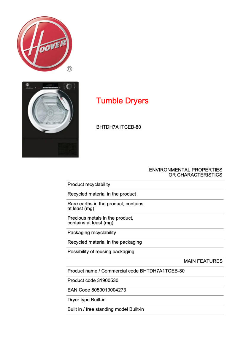 First page image of the manual for BHTDH7A1TCEB-80