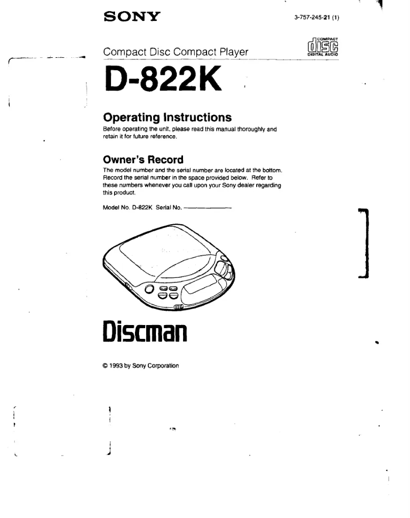 Page 1 of the manual User Manual Sony Discman D-822K