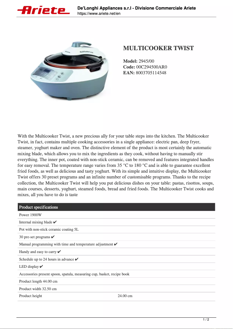 Page 1 of the manual Technical Sheet Ariete Multicooker Twist 2945