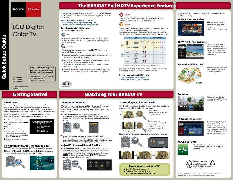 Page 1 of the manual Installation Guide Sony Bravia KDL-40XBR9