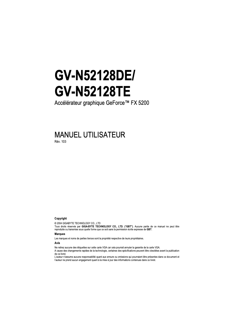 Page 1 of the manual User Manual Gigabyte GV-N52128DE