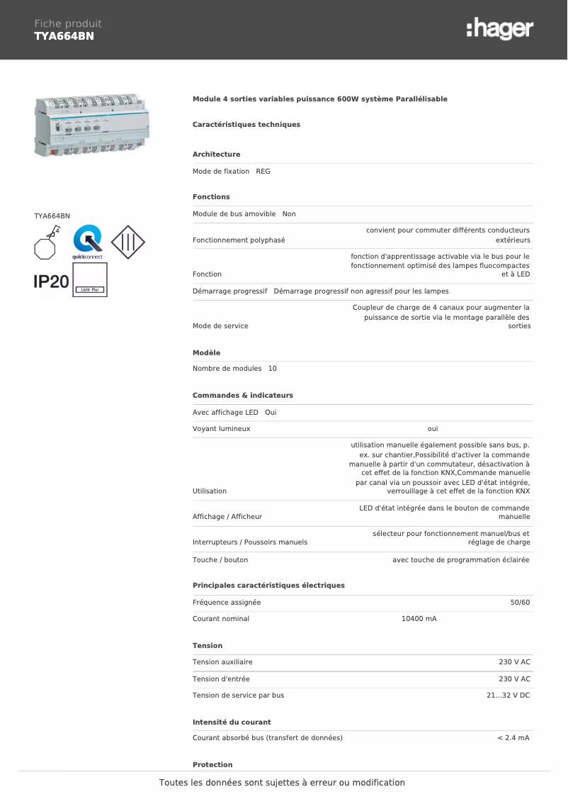 Page 1 of the manual Technical Sheet Hager TYA664BN