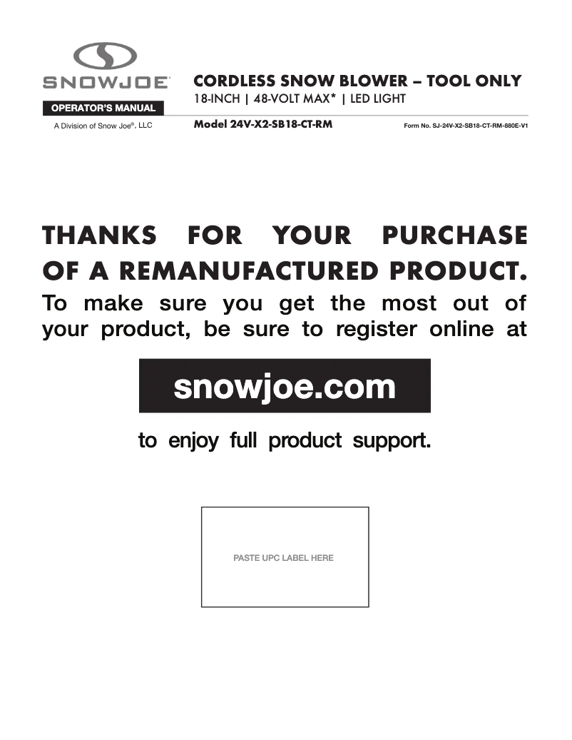 Page 1 of the manual User Manual Snow Joe 24V-X2-SB18-CT-RM
