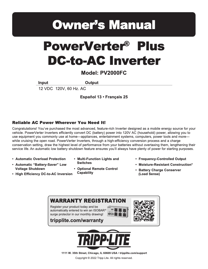 First page image of the manual for PowerVerter Plus PV2000FC