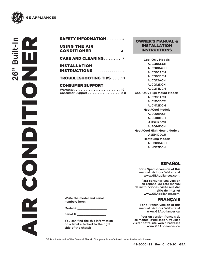 First page image of the manual for AJCQ14DCH