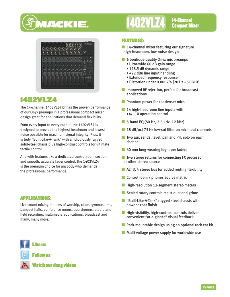 Page 1 of the manual Technical Sheet Mackie 1402VLZ4