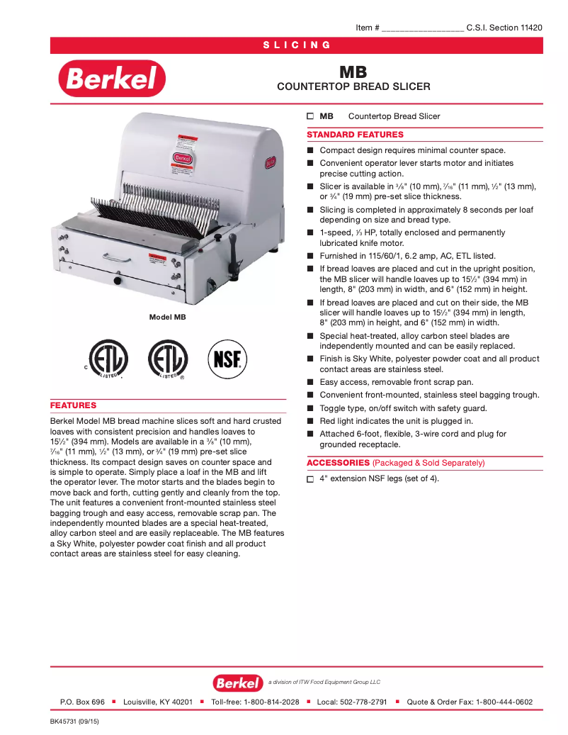 Page 1 of the manual Technical Sheet Berkel MB3-8STD