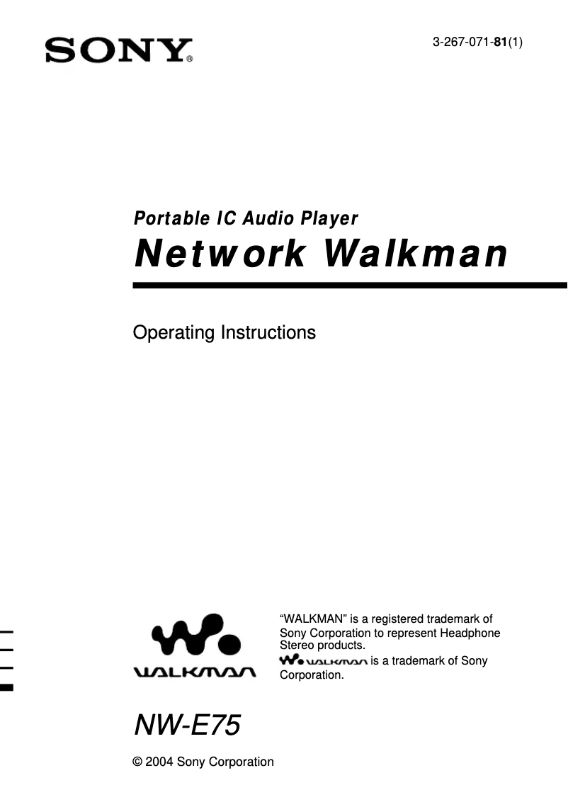 First page image of the manual for Walkman NW-E75