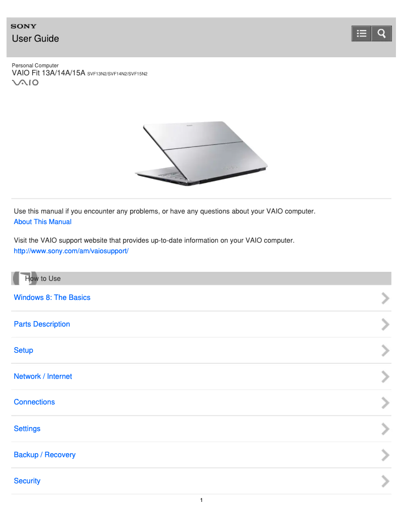 First page image of the manual for Vaio SVF13N290S