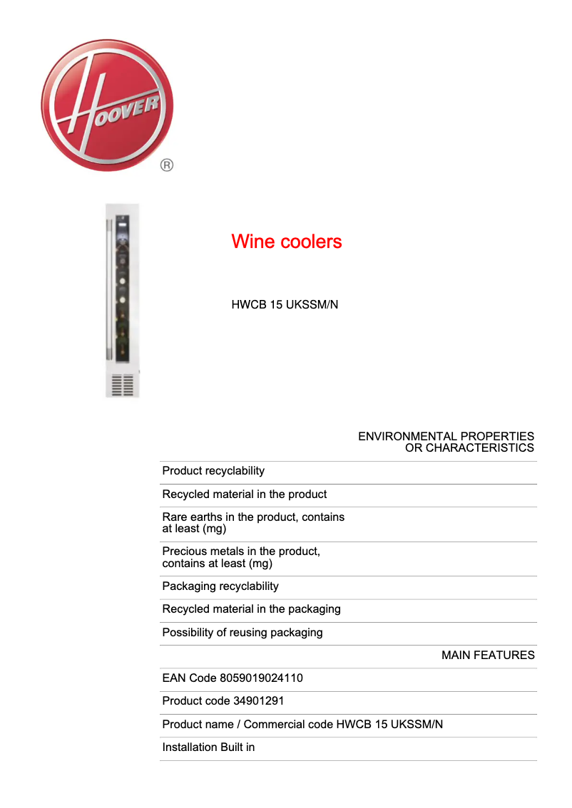 Page 1 of the manual Technical Sheet Hoover HWCB 15 UKSSM/N