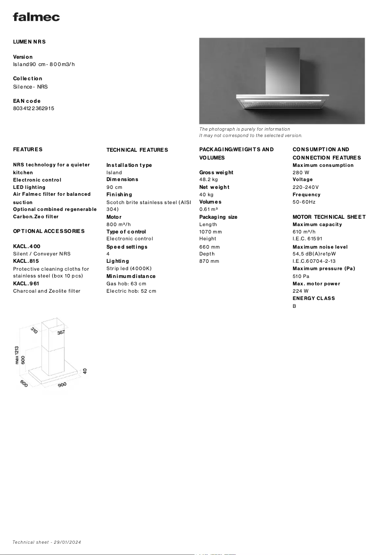Page 1 of the manual Technical Sheet Falmec Lumen NRS
