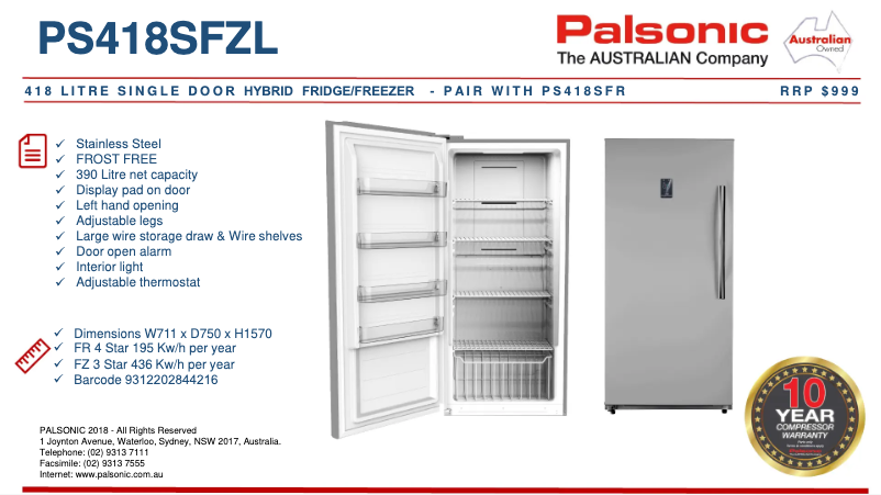 Page 1 of the manual Technical Sheet Palsonic PS418SFZL