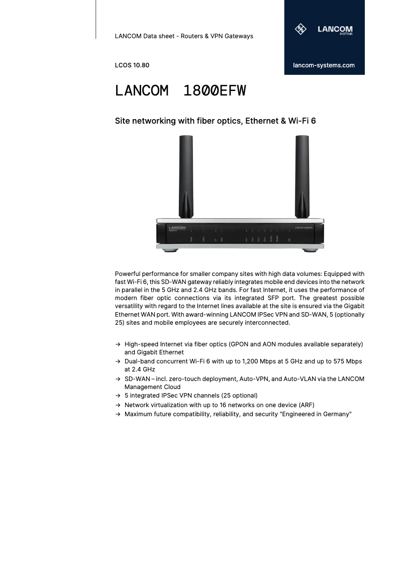 Page 1 de la notice Fiche technique Lancom 1800EFW