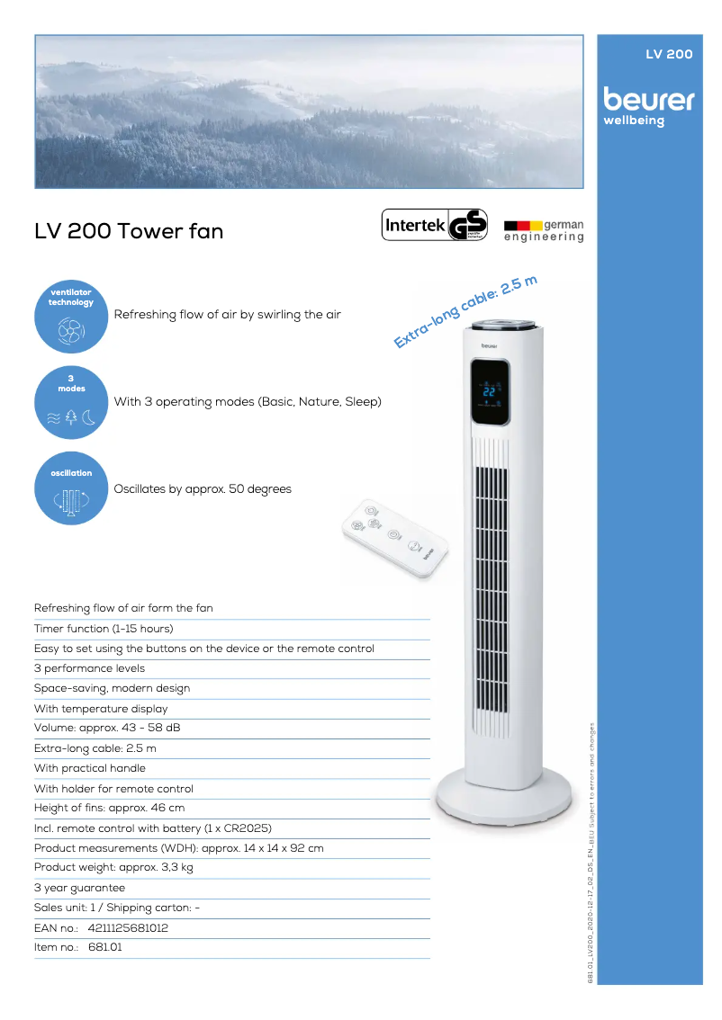 Page 1 of the manual Technical Sheet Beurer LV 200