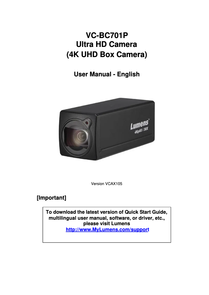 Page 1 of the manual User Manual Lumens VC-BC701P