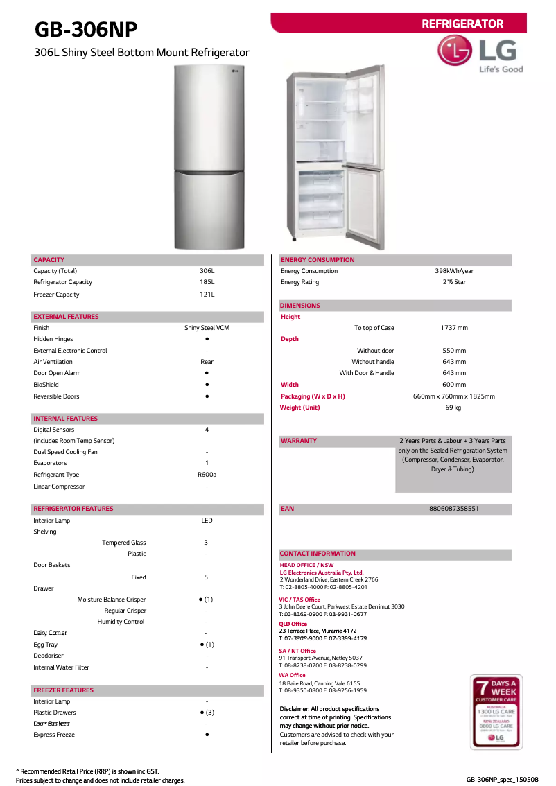 Page 1 of the manual Technical Sheet LG GB-306NP