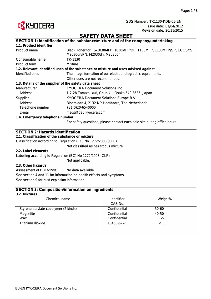 Page 1 of the manual Safety Instructions Kyocera Ecosys M2530dn
