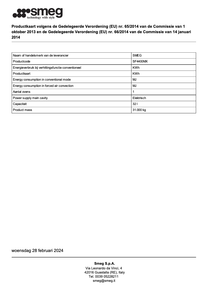 Page 1 of the manual Technical Sheet Smeg SF4400MX
