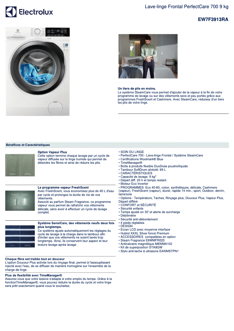 Page 1 of the manual Technical Sheet Electrolux EW7F3913RA