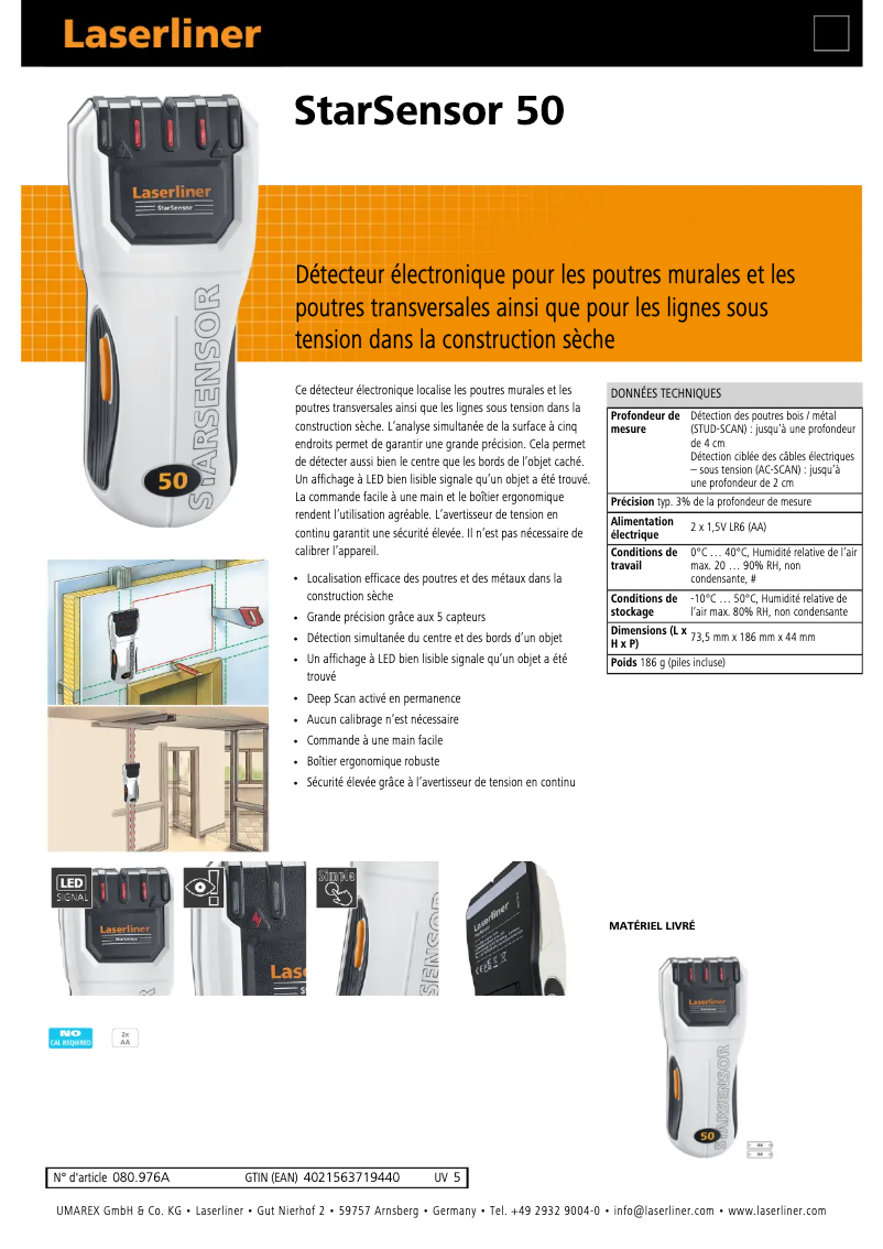 Page 1 of the manual Technical Sheet Laserliner StarSensor 50