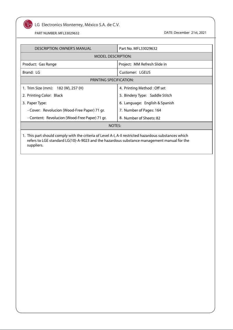 Page 1 of the manual User Manual LG LSGL5833D
