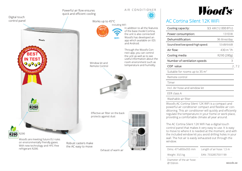 Page 1 of the manual Technical Sheet Wood's Cortina Silent 12K