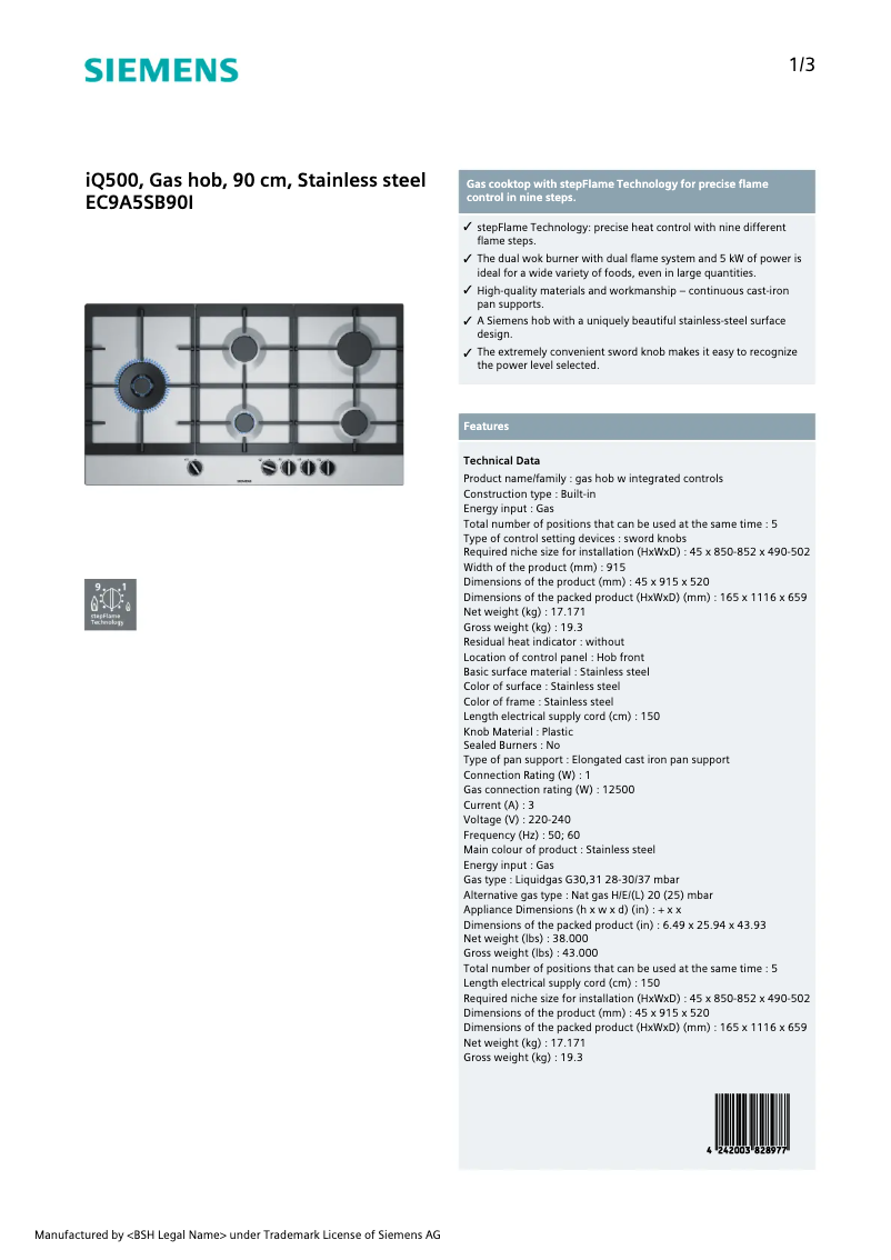 First page image of the manual for EC9A5SB90I