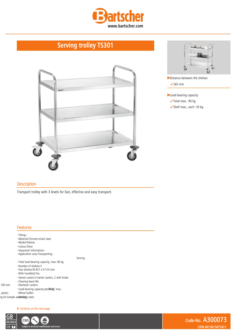 Page 1 of the manual Technical Sheet Bartscher TS301