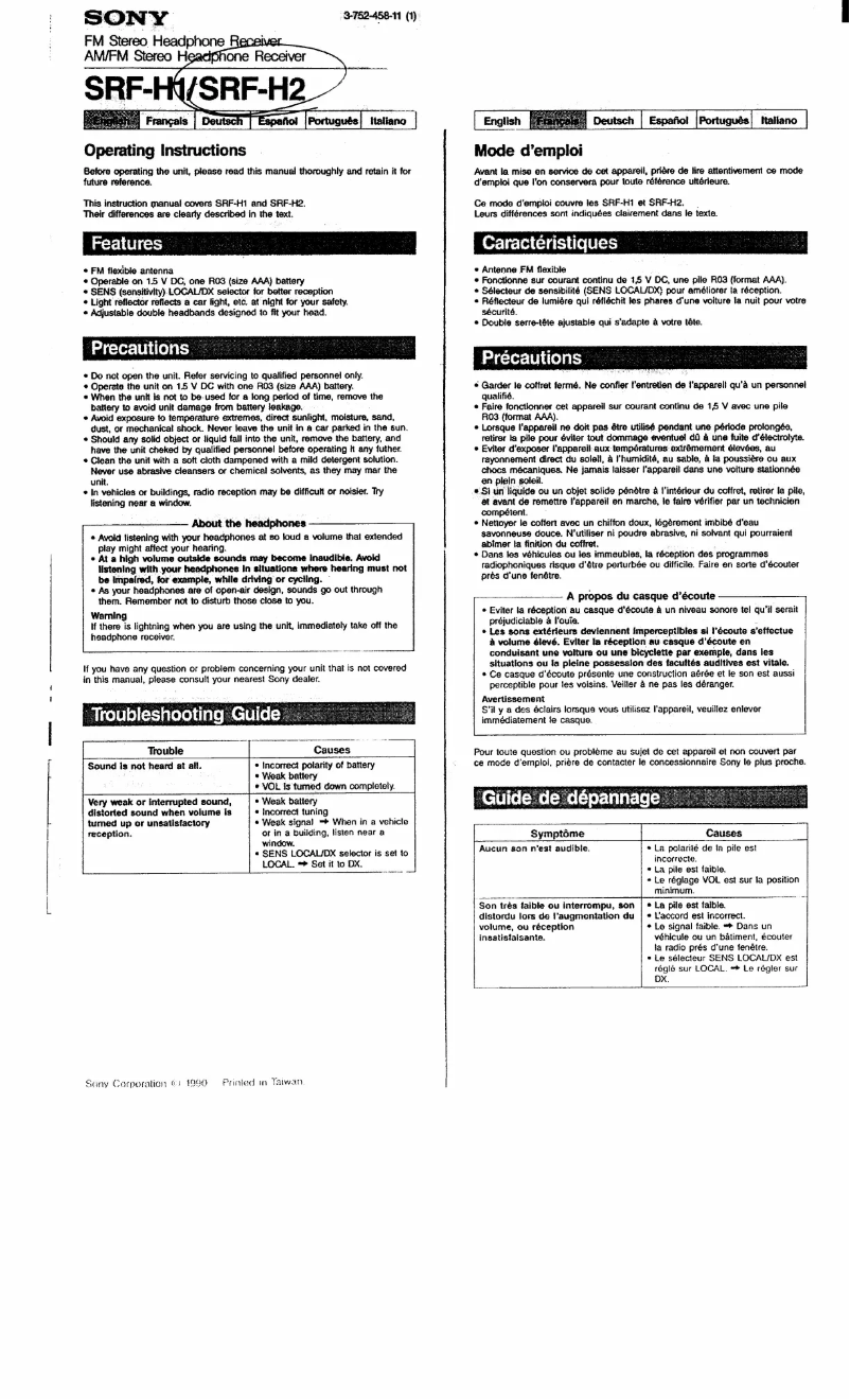 Page 1 of the manual User Manual Sony SRF-H2