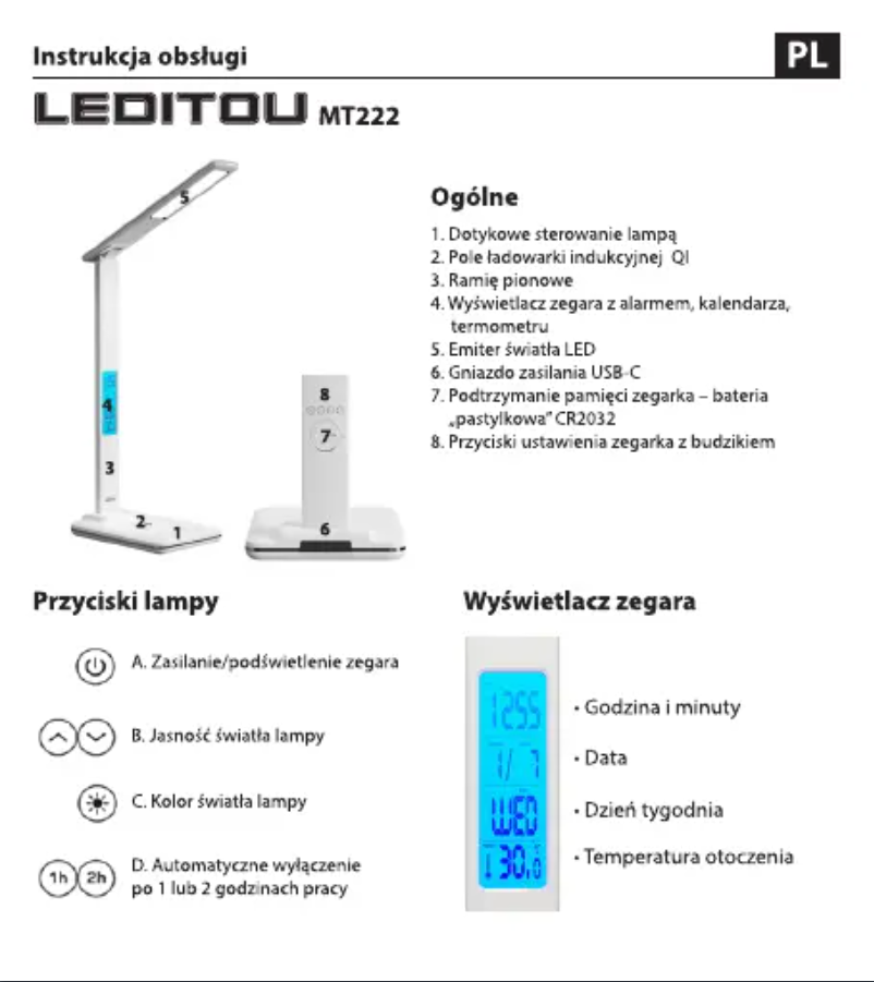 First page image of the manual for LEDITOU MT222K