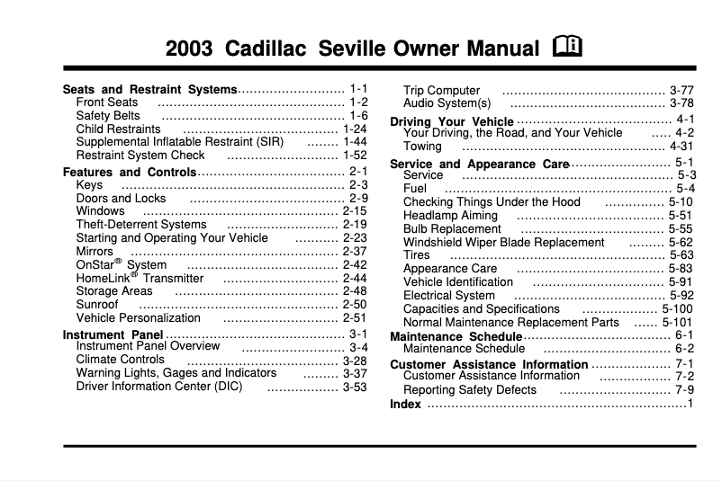 Page 1 of the manual User Manual Cadillac Seville (1996)
