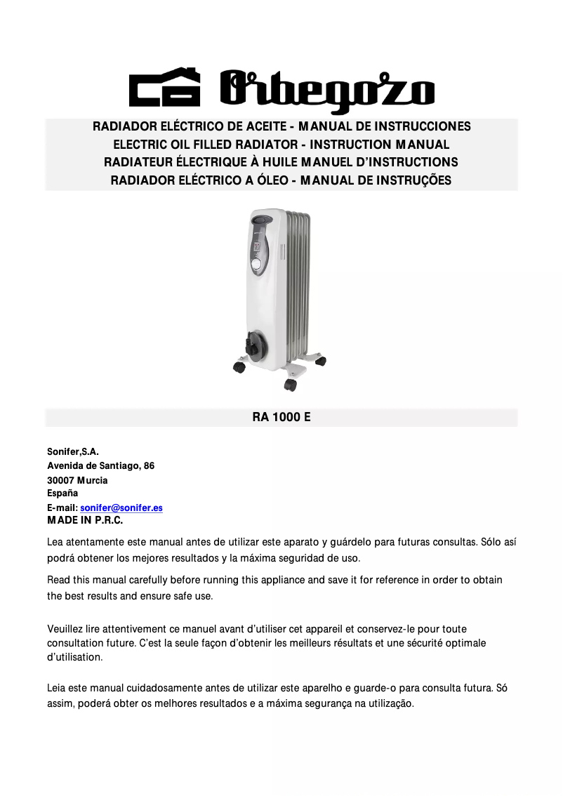 Page 1 of the manual User Manual Orbegozo RA 1000 E