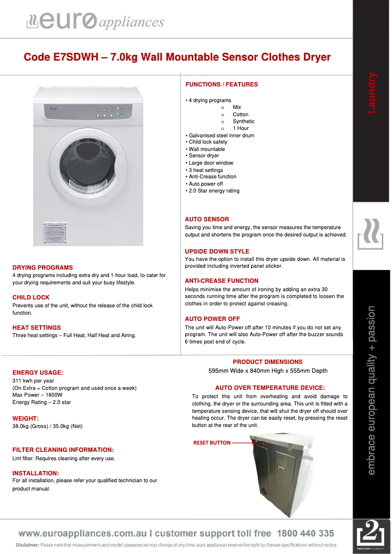 Page 1 of the manual Technical Sheet Euro Appliances E7SDWH