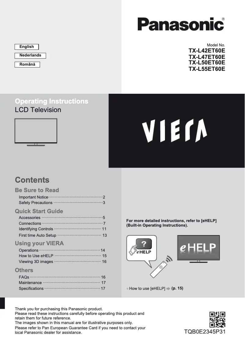 Page 1 of the manual Quick Start Guide Panasonic Viera TX-L55ET60E