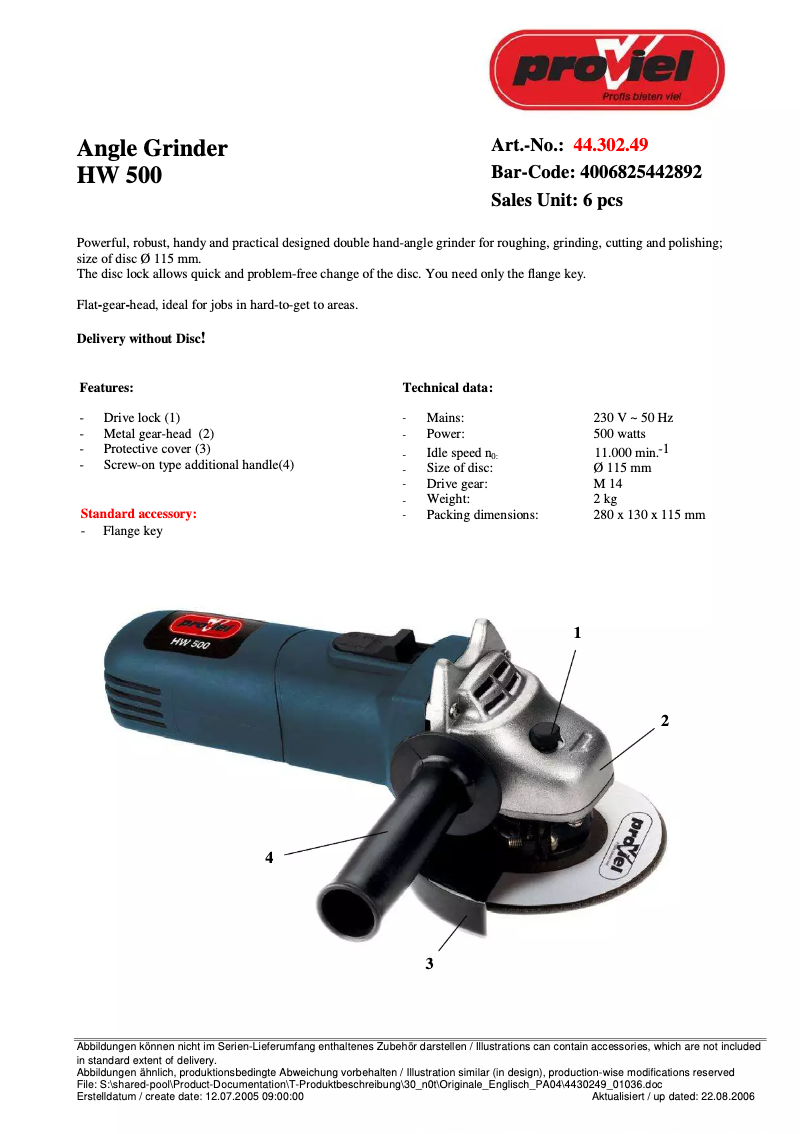 Page 1 of the manual Technical Sheet Proviel HW 500