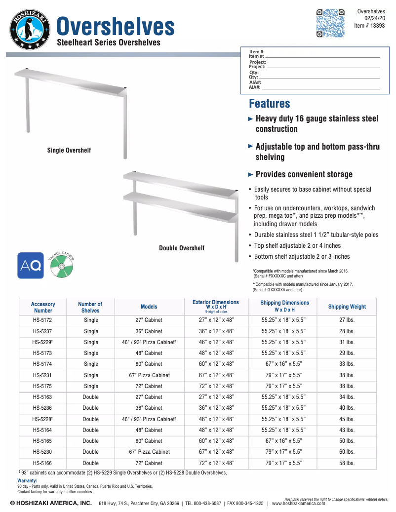 Page 1 of the manual Technical Sheet Hoshizaki HS-5237