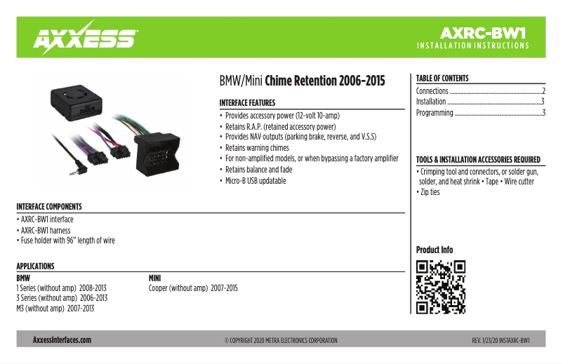 First page image of the manual for AXRC-BW1