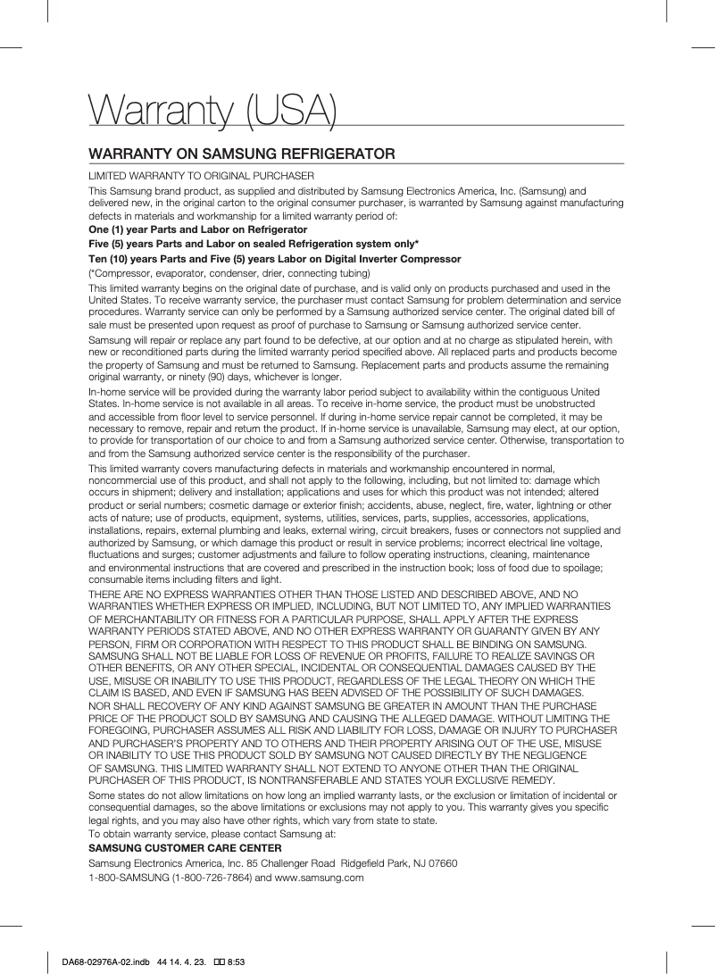 Page 1 of the manual Warranty Information Samsung RF27T5201SR