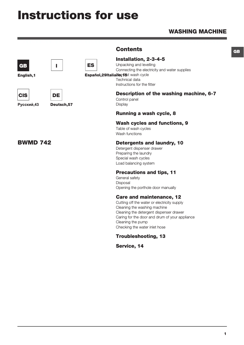 Page 1 of the manual User Manual Hotpoint Ariston BWMD 742