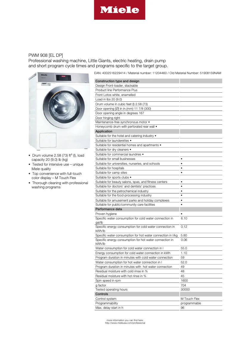 Page 1 of the manual Technical Sheet Miele PWM 908