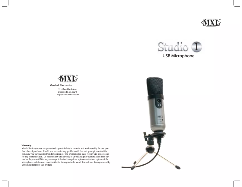 Page 1 of the manual User Manual MXL Studio 1