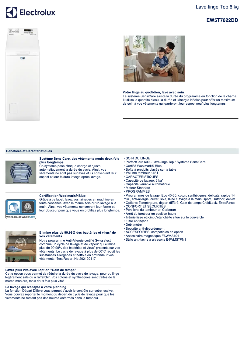 Page 1 of the manual Technical Sheet Electrolux EW5T7622DD