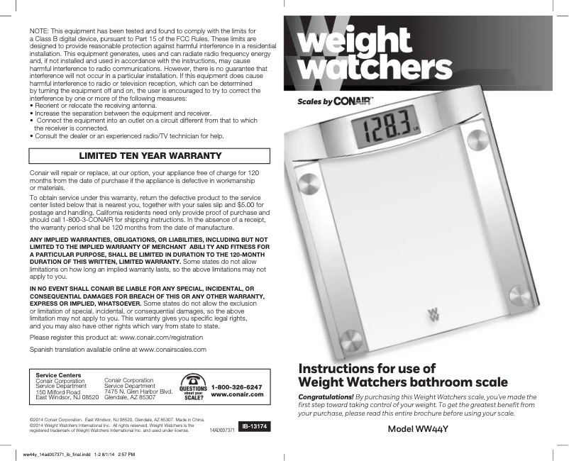 First page image of the manual for Weight Watchers WW44Y