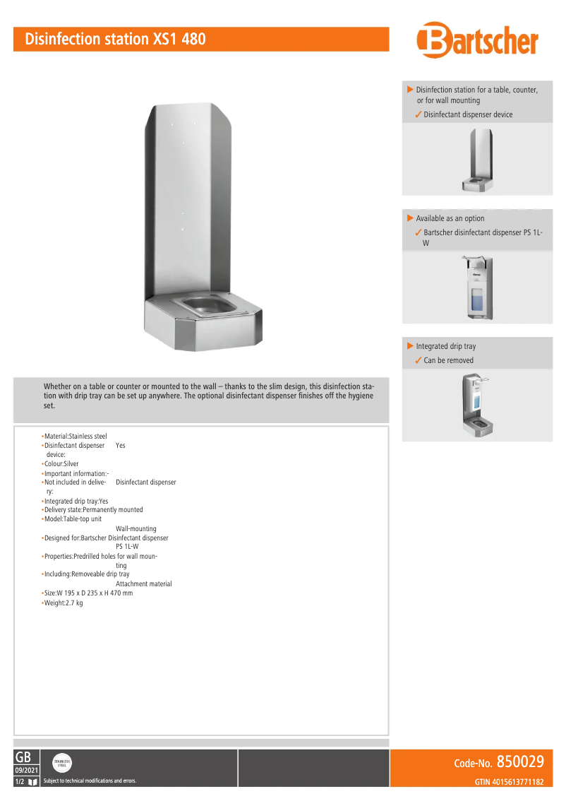 Page 1 of the manual User Manual Bartscher XS1 480
