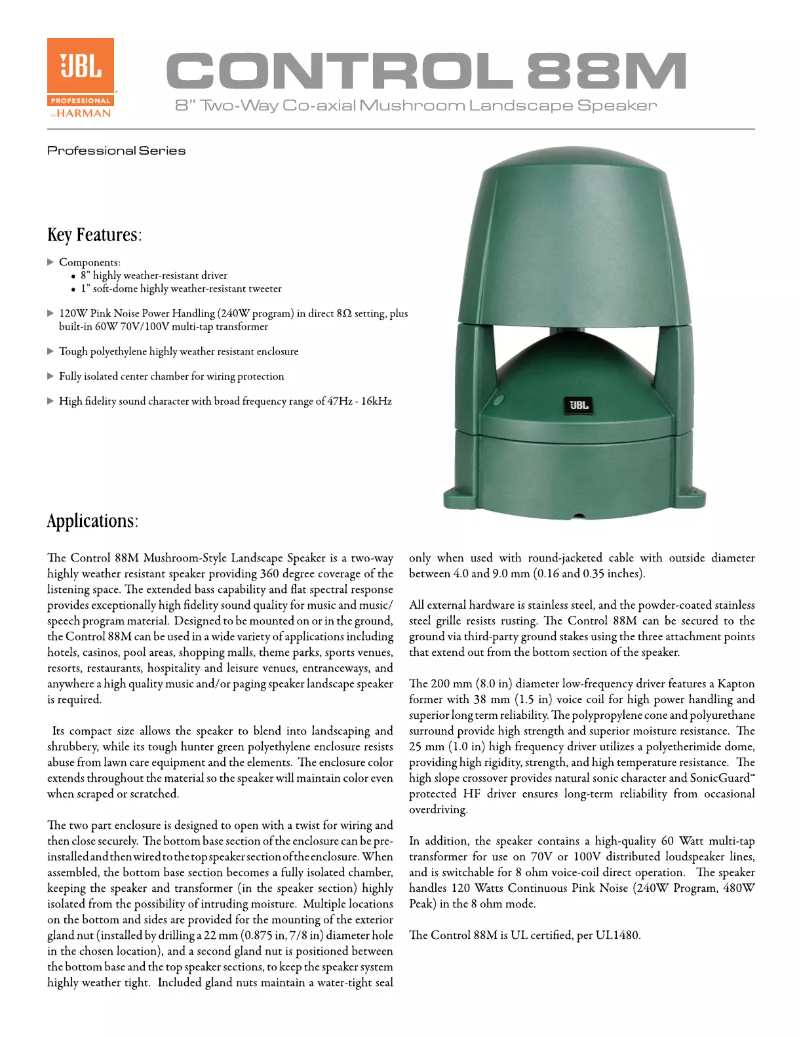 Page 1 of the manual Technical Sheet JBL Control 88M