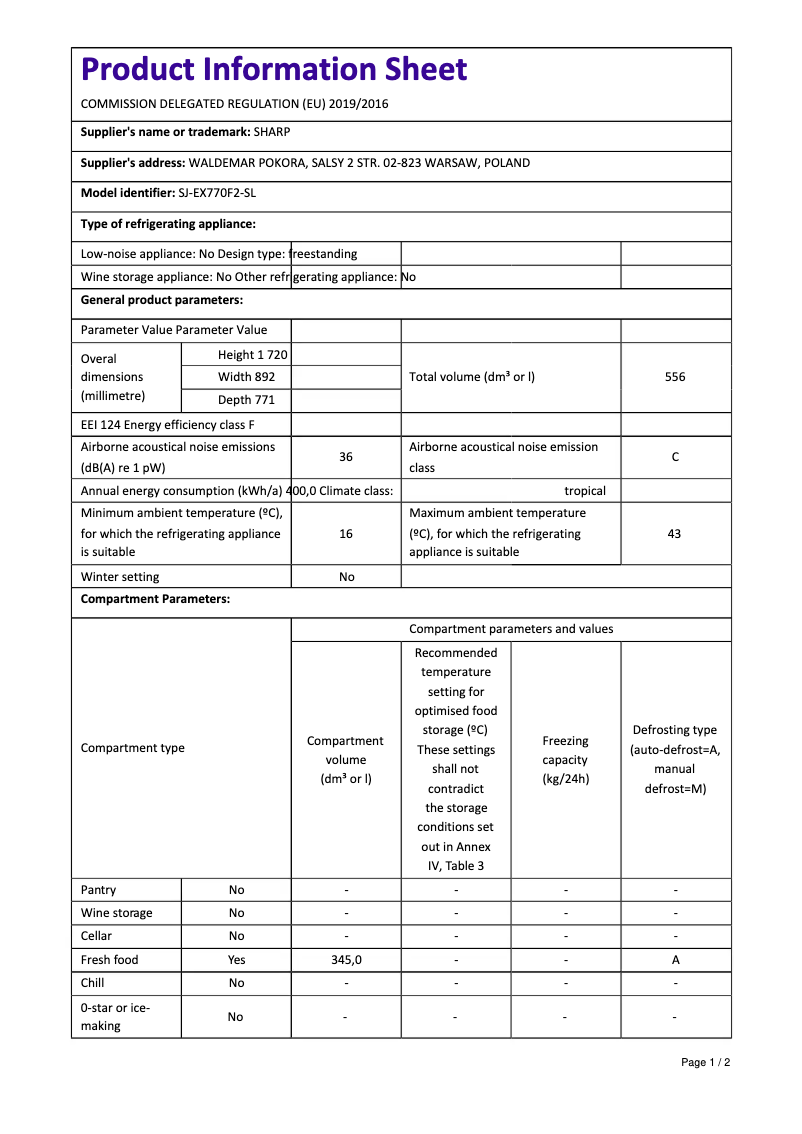 First page image of the manual for SJ-EX770F2